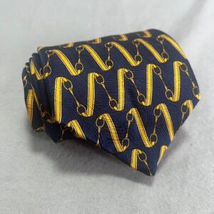 Tom James Silk Necktie Navy Blue Gold Snaffle Bit Print Equestrian Geometric USA